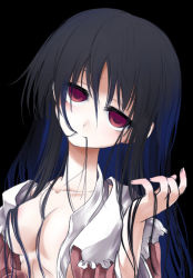 Rule 34 | 1girl, black legwear, breasts, empty eyes, hair in own mouth, houraisan kaguya, long hair, looking at viewer, no bra, open clothes, open shirt, red eyes, shirt, small breasts, smile, solo, touhou, ugatsu matsuki, upper body