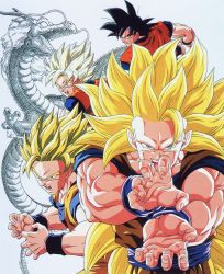 Rule 34 | 1boy, attack, black eyes, black hair, blonde hair, cleaned, dougi, dragon, dragon ball, dragonball z, fighting stance, fingernails, green eyes, highres, incoming attack, kamehameha (dragon ball), long hair, looking at viewer, male focus, official art, open mouth, outstretched hand, serious, shenron, short hair, simple background, solo, son goku, spiked hair, super saiyan, super saiyan 1, super saiyan 2, super saiyan 3, toei animation, very long hair, white background, wristband, yamamuro tadayoshi