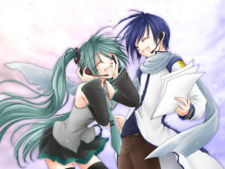 Rule 34 | 1boy, 1girl, blue hair, detached sleeves, fujie, green hair, happy, hatsune miku, headset, kaito (vocaloid), long hair, necktie, open mouth, paper, scarf, skirt, thighhighs, twintails, very long hair, vocaloid