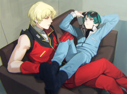 Rule 34 | 2boys, adjusting eyewear, arm behind head, black footwear, black shirt, blonde hair, blue eyes, blue jacket, blue pants, blurry, boots, char aznable, chromatic aberration, closed mouth, couch, crossed legs, elbow rest, eyewear on head, gloves, green hair, gundam, hand on another&#039;s knee, indoors, jacket, kamille bidan, long sleeves, lying, lying on person, male focus, multiple boys, on back, on couch, pants, parted lips, quattro bajeena, red gloves, red jacket, red pants, shirt, short hair, sleeveless, sunglasses, turtleneck, ususio 11, white shirt, zeta gundam