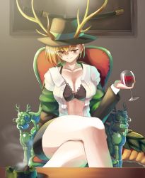 Rule 34 | 1girl, alcohol, bad anatomy, black bra, black skirt, blush, bra, breasts, brown hat, cleavage, closed mouth, collarbone, commentary request, crossed legs, cup, dragon girl, dragon horns, dragon tail, dress shirt, drinking glass, fedora, glass, hair between eyes, hat, holding, holding cup, horns, katana, kicchou yachie, large breasts, long hair, long sleeves, looking at viewer, medium hair, miniskirt, open clothes, open shirt, red eyes, scabbard, sheath, sheathed, shirt, short hair, skirt, smile, solo, sunnysideup, sword, tail, thick thighs, thighs, touhou, unbuttoned, unbuttoned shirt, underwear, weapon, white shirt, wine, wine glass