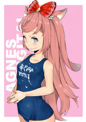 Rule 34 | 1girl, agnes digital (umamusume), animal ears, blue eyes, blush, breasts, character name, collarbone, commentary request, hair between eyes, hair ornament, own hands clasped, highres, horse ears, horse girl, long hair, looking at viewer, monomono, old school swimsuit, own hands together, pink background, school swimsuit, small breasts, swimsuit, translated, umamusume
