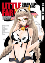 Rule 34 | 1girl, animal ears, animal print, bad id, bell, breasts, cleavage, cow ears, cow girl, cow print, cowbell, drink, english text, engrish text, glasses, grey hair, horns, juna, large breasts, long hair, milk, original, ranguage, solo, yellow eyes
