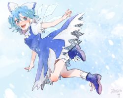 Rule 34 | 1girl, adapted costume, ankle boots, bad id, bad twitter id, blue background, blue dress, blue eyes, blue footwear, blue hair, blush, boots, breath, cirno, dress, fairy, flying, full body, hair ornament, hair ribbon, ice, ice wings, looking at viewer, matching hair/eyes, meiji (charisma serve), open mouth, puffy sleeves, ribbon, short hair, short sleeves, simple background, smile, snowing, socks, solo, touhou, white socks, wings