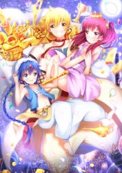 Rule 34 | 1girl, 2boys, aladdin (magi), ali baba saluja, bad id, bad pixiv id, blonde hair, blue eyes, blue hair, blush, carrying, chalice, coin, crown, cup, dress, earrings, floating hair, flute, gem, gold, headpiece, highres, instrument, jewelry, lamp, long hair, magi the labyrinth of magic, morgiana, multiple boys, necklace, oil lamp, pink dress, pink eyes, pink hair, princess carry, sitting, sword, swordsouls, tareme, thighs, treasure, turban, wavy hair, weapon, wind, yellow eyes