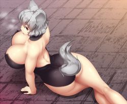 Rule 34 | 1girl, alternate costume, animal ears, artist name, ass, bare shoulders, black leotard, breasts, cleavage, curvy, grey hair, huge breasts, inubashiri momiji, leotard, looking at viewer, looking to the side, lying, on floor, red eyes, short hair, signature, solo, strapless, strapless leotard, sweat, tail, thighs, tochinoko, touhou, wide hips, wolf ears, wolf tail