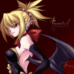 Rule 34 | 1girl, artist request, bat wings, blonde hair, bow, breasts, character name, demon girl, detached sleeves, disgaea, earrings, covered erect nipples, jewelry, large breasts, makai senki disgaea 2, odyssey (dolls), red eyes, ribbon, rozalin, solo, wings, yellow bow