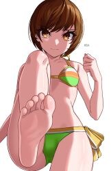 Rule 34 | 1girl, absurdres, adapted costume, artist name, barefoot, bikini, breasts, brown eyes, brown hair, closed mouth, commentary, english commentary, eyelashes, feet, foot focus, foot out of frame, foot up, green bikini, hand up, highres, knee up, looking at viewer, medium breasts, multicolored bikini, multicolored clothes, paid reward available, persona, persona 4, satonaka chie, shadow, short hair, simple background, smile, soles, solo, swept bangs, swimsuit, thighs, toes, white background, x xith x
