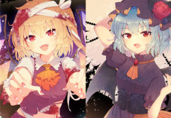Rule 34 | 2girls, absurdres, aoi (annbi), arm behind head, arm up, ascot, bandaged arm, bandaged head, bandages, bat wings, blonde hair, blood, bloody bandages, blush, bow, brooch, column lineup, commentary, corset, crystal, dark background, dress, fangs, flandre scarlet, flower, frilled shirt collar, frills, halloween, halloween costume, hat, hat bow, hat flower, highres, huge filesize, jewelry, looking at viewer, midriff, mob cap, multiple girls, nail polish, one side up, open mouth, orange ascot, outstretched arms, red flower, red nails, red rose, red shirt, remilia scarlet, rose, shirt, short hair, short sleeves, smile, torn clothes, touhou, underbust, upper body, wings, zombie pose