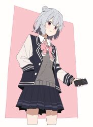 Rule 34 | 1girl, black skirt, black vest, bow, bowtie, buttons, cellphone, cevio, closed mouth, cropped legs, double bun, flat chest, grey hair, grey sweater, hair bun, hair ornament, hairclip, hand in pocket, highres, holding, holding phone, koharu rikka, long sleeves, looking at viewer, minatsuki (m1natsuk1), outside border, phone, pink background, pink bow, pink bowtie, pleated skirt, red eyes, school uniform, shirt, short hair, sidelocks, simple background, skirt, smile, solo, standing, sweater, synthesizer v, thighs, vest, white background, white shirt