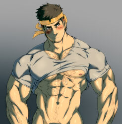 Rule 34 | 1boy, :/, abs, alternate muscle size, arm hair, averting eyes, bara, blush, bottomless, character request, chest hair, chest hair peek, cowboy shot, facial hair, goatee stubble, groin, hairy, headband, highres, kito (clamp5656), large pectorals, male focus, mature male, muscular, muscular male, navel, navel hair, nipples, out-of-frame censoring, pectorals, penis out of frame, raised eyebrow, shirt, short hair, shy, sideburns, sideburns stubble, sideways glance, solo, stomach, stubble, t-shirt, thick eyebrows, underpec, v-taper, yellow headband