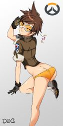 Rule 34 | 1girl, ass, bodysuit, bomber jacket, brown eyes, brown gloves, brown hair, brown jacket, dnaworld, from behind, gloves, goggles, heart, highres, jacket, leather, leather jacket, looking at viewer, one eye closed, overwatch, overwatch 1, short hair, smile, solo, spiked hair, tracer (overwatch), wink