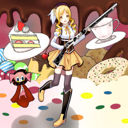 Rule 34 | 10s, 1girl, :o, beret, blonde hair, boots, brown thighhighs, cake, cake slice, charlotte (madoka magica), cherry, chocolate, cookie, cup, detached sleeves, doughnut, drill hair, fingerless gloves, food, fruit, gloves, gun, hair ornament, hairpin, happy, hat, long hair, magical girl, magical musket, mahou shoujo madoka magica, mahou shoujo madoka magica (anime), open mouth, plate, pleated skirt, pudding, puffy sleeves, ribbon, rifle, setona (daice), skirt, sprinkles, standing, standing on one leg, strawberry, strawberry shortcake, striped clothes, striped thighhighs, teacup, thighhighs, tomoe mami, twin drills, twintails, vertical-striped clothes, vertical-striped thighhighs, weapon, witch&#039;s labyrinth, yellow eyes, zettai ryouiki