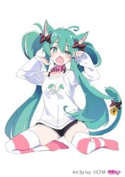 Rule 34 | 1girl, animal ears, aqua hair, bell, blush, breasts, cat ears, collar, fang, feet, full body, green eyes, groping motion, has a figure, ixy, kneeling, long hair, open mouth, original, shorts, small breasts, tail, tears, thighhighs, twintails, white background, yawning