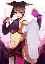 Rule 34 | 1girl, abs, baggy pants, black hair, blunt bangs, bracelet, breasts, capcom, chinese clothes, detached sleeves, drill hair, dudou, fighting stance, fingerless gloves, gloves, glowing, glowing eye, glowing eyes, halterneck, han juri, highres, jewelry, kaiten-max 1831, large breasts, leg up, midriff, mzne (mizunoe), nail polish, navel, pants, purple background, sash, short twintails, sideboob, smile, solo, spiked bracelet, spikes, standing, street fighter, street fighter iv (series), twin drills, twintails