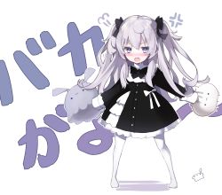 Rule 34 | 1girl, anger vein, black bow, black dress, blue eyes, blush, bow, commentary request, dress, hair between eyes, hair bow, highres, holding, indie virtual youtuber, long sleeves, looking at viewer, no shoes, nose blush, open mouth, pantyhose, retorillo, shadow, shanoa (vtuber), silver hair, sleeves past fingers, sleeves past wrists, solo, standing, translation request, two side up, virtual youtuber, white background, white pantyhose