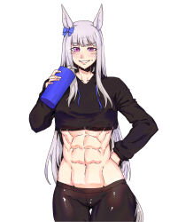 Rule 34 | 1girl, abs, absurdres, alternate costume, animal ears, black leggings, blush, bottle, bow, breasts, commentary request, cowboy shot, cropped shirt, ear bow, gold ship (umamusume), grin, hand on own hip, highres, holding, holding bottle, horse ears, horse girl, horse tail, leggings, long hair, long sleeves, medium breasts, midriff, minew, muscular, muscular female, navel, purple bow, purple eyes, simple background, smile, solo, sweat, tail, thigh gap, umamusume, white background