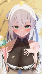 Rule 34 | 1girl, aur hkgn, black shirt, black undershirt, blush, breasts, cleavage, detached sleeves, food, green eyes, grey hair, hand on own chest, highres, holding, holding food, holding ice cream, holding ice cream cone, hololive, ice cream, ice cream cone, juliet sleeves, large breasts, long hair, long sleeves, looking at viewer, official alternate costume, puffy sleeves, see-through, see-through cleavage, see-through shirt, shirogane noel, shirogane noel (5th costume), shirt, sleeveless, sleeveless shirt, smile, solo, virtual youtuber, white shirt, white sleeves