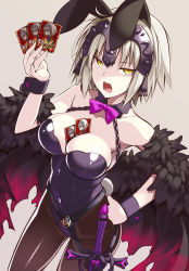 Rule 34 | 1girl, animal ears, bare shoulders, between breasts, black pantyhose, blonde hair, bow, bowtie, breasts, card, card between breasts, cleavage, cosplay, covered navel, detached collar, disgaea, fake animal ears, fate/apocrypha, fate/grand order, fate (series), hairband, headphones, headpiece, highleg, highleg leotard, jeanne d&#039;arc (fate), jeanne d&#039;arc (ruler) (fate), jeanne d&#039;arc alter (avenger) (fate), jeanne d&#039;arc alter (fate), large breasts, leotard, looking at viewer, makai senki disgaea 5, ohta yuichi, open mouth, pantyhose, pink bow, pink bowtie, playboy bunny, rabbit ears, rabbit tail, seraphina (disgaea), seraphina (disgaea) (cosplay), solo, standing, tail, wrist cuffs, yellow eyes