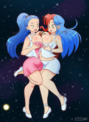 Rule 34 | 2girls, blue hair, blush, breast hold, breast press, breasts, choker, cleavage, dakunart, dress, floating, giant, giantess, green eyes, highres, jupiter (planet), large breasts, leg up, long hair, looking down, midriff, multicolored hair, multiple girls, navel, open mouth, pink dress, planet, ponytail, red hair, shirt, shoes, skirt, sleeveless, sleeveless dress, smile, space, star (sky), tank top, teeth, two-tone hair, vest, white footwear, white shirt, white skirt, white vest