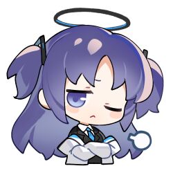 Rule 34 | 1girl, ;&lt;, black jacket, blue archive, blue eyes, blue hair, blue necktie, blush stickers, chibi, chinese commentary, commentary request, cropped torso, crossed arms, hair ornament, halo, jacket, long hair, long sleeves, looking at viewer, necktie, niko (nikooo2016), one eye closed, shirt, solo, transparent background, two side up, upper body, white jacket, white shirt, yuuka (blue archive)