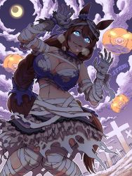 Rule 34 | 1girl, :q, animal ears, blue eyes, breasts, brown hair, claw pose, cleavage, commentary request, detached collar, graveyard, hair between eyes, halloween, highres, horse ears, horse girl, horse tail, jack-o&#039;-lantern, large breasts, looking at viewer, maki yoshitake, moonlight, mummy costume, navel, official alternate costume, pacifier, super creek (chiffon ribbon mummy) (umamusume), super creek (umamusume), tail, tongue, tongue out, torn clothes, umamusume