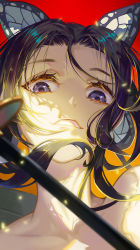 Rule 34 | 1girl, absurdres, black hair, butterfly hair ornament, chinese commentary, close-up, commentary request, eyelashes, hair ornament, highres, katana, kimetsu no yaiba, kochou shinobu, looking at viewer, medium hair, parted bangs, partial commentary, purple eyes, red background, simple background, solo, sword, teeth, weapon, yyoumeng