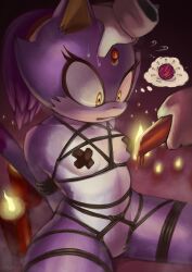 Rule 34 | 1girl, absurdres, bdsm, black pasties, blaze the cat, bondage, bound, candle, cross pasties, disembodied hand, fire, fire, furry, furry female, gloves, highres, holding, holding candle, kneeling, pasties, shibari, sonic (series), spread legs, thought bubble, user kpmu8372, wax play, white gloves, yarn, yarn ball