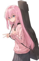 Rule 34 | 1girl, :/, black skirt, blue eyes, bocchi the rock!, commentary, expressionless, eyelashes, gotoh hitori, guitar case, hair between eyes, highres, instrument case, jacket, kanaria hisagi, leaning forward, light blush, long hair, long sleeves, looking at viewer, pink hair, pink jacket, pleated skirt, shaded face, simple background, skirt, solo, standing, straight hair, v, very long hair, white background