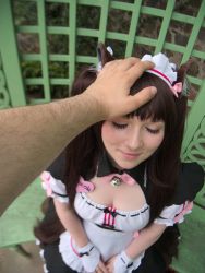 Rule 34 | 10s, 1girl, absurdres, animal ears, apron, bell, black bow, black bowtie, bow, bowtie, breasts, brown hair, cat ears, character name, chocola (nekopara), chocola (sayori) (cosplay), choker, cleavage, commentary, cosplay, cosplay photo, day, closed eyes, fake animal ears, from above, headpat, highres, hime cut, jingle bell, littlekittymiau, long hair, maid, maid apron, maid headdress, name tag, neck bell, nekopara, outdoors, photo (medium), pink bow, pink bowtie, smile, solo focus, very long hair