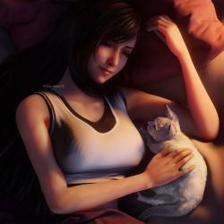 Rule 34 | 1girl, 3d, animal, bare arms, bare shoulders, black hair, breasts, cat, crop top, final fantasy, final fantasy vii, final fantasy vii remake, highres, large breasts, lying, on back, red eyes, ria-neearts, square enix, tank top, tifa lockhart, white tank top