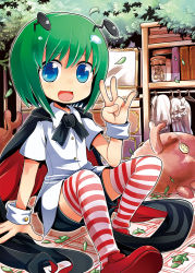Rule 34 | 1girl, antennae, blue eyes, cape, female focus, green hair, hitsuji bako, open mouth, short hair, shorts, solo, striped clothes, striped thighhighs, thighhighs, touhou, wriggle nightbug, wrist cuffs