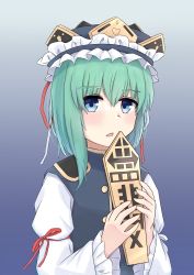 Rule 34 | 1girl, absurdres, asymmetrical hair, black hat, blouse, blue eyes, blue vest, blush, commentary request, expressionless, flat chest, frilled hat, frills, gradient background, green hair, grey background, hair between eyes, hat, highres, hiwano, holding, long sleeves, looking at viewer, open mouth, red ribbon, ribbon, rod of remorse, shiki eiki, shirt, short hair, sleeve ribbon, solo, touhou, upper body, vest, white ribbon, white shirt