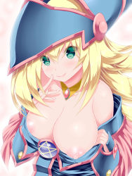 Rule 34 | 1girl, alternate breast size, bad id, bad pixiv id, bare shoulders, blonde hair, blush, breasts, calcio, clothes down, collarbone, dark magician girl, dress, duel monster, from above, green eyes, hat, highres, large breasts, lips, long hair, nipples, off-shoulder dress, off shoulder, smile, solo, suggestive fluid, upper body, wizard hat, yu-gi-oh!