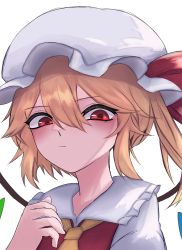Rule 34 | 33 gaff, ascot, blonde hair, flandre scarlet, frown, hat, red eyes, ribbon, touhou, white background, wings