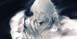 Rule 34 | 1boy, armor, blue background, blue eyes, elezen, elf, faux traditional media, final fantasy, final fantasy xiv, from side, hair between eyes, haurchefant greystone, highres, limited palette, looking to the side, male focus, painterly, pauldrons, pointy ears, portrait, shawnstaw, short hair, shoulder armor, solo, white hair