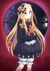 Rule 34 | 1girl, abigail williams (fate), black bow, black dress, black hat, blonde hair, bloomers, blue eyes, blush, bow, dong ja9502, dress, fate/grand order, fate (series), forehead, hair bow, hat, highres, long hair, long sleeves, looking at viewer, multiple hair bows, open mouth, orange bow, parted bangs, polka dot, polka dot bow, ribbed dress, sleeves past fingers, sleeves past wrists, solo, stuffed animal, stuffed toy, teddy bear, underwear, white bloomers