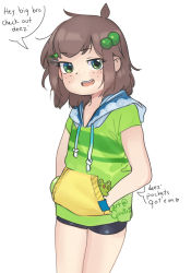 Rule 34 | 1girl, ahoge, black shorts, blue collar, blue hoodie, blush, child, collar, deez nuts (meme), ears, english text, freckles, frog, frog hair ornament, full body, girutea, green eyes, green hair ornament, green hoodie, green jacket, hair ornament, hairclip, hands in pockets, heart, highres, hood, hooded jacket, hoodie, indie virtual youtuber, jacket, lily hopkins, looking at viewer, meme, messy hair, open mouth, short shorts, short sleeves, shorts, simple background, speech bubble, teeth, upper teeth only, virtual youtuber, white background, yellow hoodie