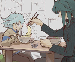 2boys blue_hair bowl brothers chopsticks eating food glasses green_hair holding holding_chopsticks male_focus marufuji_ryo marufuji_sho moiko multiple_boys noodles ribbed_shirt shirt shrimp shrimp_tempura siblings sitting sweatdrop table tempura twitter_username yu-gi-oh! yu-gi-oh!_gx