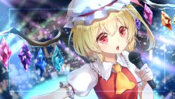 Rule 34 | 1girl, :o, absurdres, blonde hair, blurry, blurry background, collared shirt, commentary, crystal, dot nose, flandre scarlet, gem, gintama 10102, hair between eyes, highres, holding, holding microphone, microphone, open mouth, puffy short sleeves, puffy sleeves, red eyes, shirt, short hair, short sleeves, solo, sparkle, symbol-only commentary, teeth, touhou, upper body, upper teeth only, white sleeves, wings