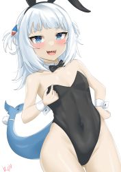 Rule 34 | 1girl, absurdres, animal ears, bare legs, black bow, black bowtie, black leotard, blue eyes, blue hair, blunt bangs, bow, bowtie, breasts, cowboy shot, detached collar, fins, fish tail, gawr gura, hair ornament, highres, hololive, hololive english, leotard, medium hair, multicolored hair, playboy bunny, rabbit ears, rabbit tail, rebelium, shark girl, shark hair ornament, shark tail, sharp teeth, silver hair, simple background, small breasts, solo, standing, strapless, strapless leotard, streaked hair, tail, teeth, two side up, virtual youtuber, white background, wrist cuffs