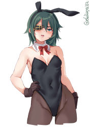 Rule 34 | 1girl, animal ears, aqua eyes, black pantyhose, blush, detached collar, ebifurya, eyepatch, fake animal ears, green hair, hair between eyes, hand on own hip, highres, kantai collection, kiso (kancolle), one-hour drawing challenge, open mouth, pantyhose, rabbit ears, short hair, simple background, solo, twitter username, white background