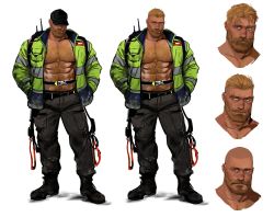 Rule 34 | 1boy, abs, alternate hair length, alternate hairstyle, bald, bara, bare pectorals, black footwear, black pants, blind, blonde hair, body hair, boots, clothing request, collarbone, dopey (dopq), facial hair, firefighter, firefighter jacket, grey jacket, hairstyle request, hairstyle switch, high visibility jacket, jacket, looking at viewer, male focus, mature male, messy hair, multicolored clothes, multicolored jacket, multiple views, muscular, muscular male, mustache, navel hair, open clothes, open jacket, original, pants, pectorals, reflective clothes, scar, scar on face, short hair, sideburns, simple background, very short hair, white background, yellow jacket
