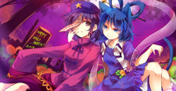 Rule 34 | 2girls, animal ears, beret, blue dress, blue eyes, blue hair, cat ears, cat tail, dress, graveyard, hair ornament, hair rings, hair stick, halloween, hand on another&#039;s cheek, hand on another&#039;s face, happy halloween, hat, jiangshi, kaku seiga, kemonomimi mode, kutsuki kai, miyako yoshika, multiple girls, ofuda, open clothes, open mouth, open vest, outstretched arms, puffy short sleeves, puffy sleeves, pumpkin, purple eyes, purple hair, shawl, shirt, short sleeves, skirt, sleeves past wrists, smile, star (symbol), tail, touhou, vest, zombie pose