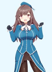 Rule 34 | alternate costume, ascot, atago (kancolle), atago (kancolle) (cosplay), beret, black gloves, black pantyhose, black skirt, blue background, blue jacket, breasts, brown eyes, brown hair, cosplay, fur collar, gloves, gradient background, hat, highres, idolmaster, idolmaster shiny colors, jacket, kantai collection, large breasts, long hair, looking at viewer, military, military uniform, open mouth, pantyhose, skirt, smile, tailcoat, tsukioka kogane, uniform, zanne