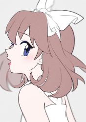Rule 34 | 1girl, bare shoulders, blue eyes, blush, bow, brown hair, child, creatures (company), dress, eyelashes, fang, female focus, flat chest, from behind, game freak, gen 3 pokemon, hair ornament, highres, kisumi rei, lipstick, long image, looking at viewer, looking back, makeup, may (pokemon), medium hair, neck, nintendo, open mouth, pokemon, pokemon adventures, ribbon, simple background, tall image, upper body, white background, white bow, white dress, white ribbon