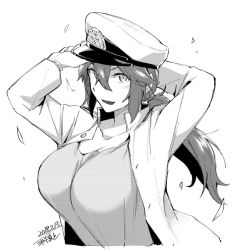 Rule 34 | 1girl, 2018, adjusting clothes, adjusting headwear, artist name, breasts, commentary request, dated, female admiral (kancolle), gloves, greyscale, hair between eyes, hair tie, hat, ikeshita moyuko, jacket, kantai collection, large breasts, long hair, looking at viewer, monochrome, open mouth, peaked cap, ponytail, shiomi kaoru, sidelocks, smile, solo