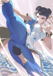 Rule 34 | 1girl, artist name, black hair, blue pants, bow, bracelet, breasts, brown eyes, cacn, capcom, china dress, chinese clothes, chun-li, clenched hand, closed mouth, commentary request, double bun, dress, earrings, fingernails, gold trim, hair bow, hair bun, highres, jewelry, kicking, lips, makeup, medium breasts, pants, shoes, short sleeves, signature, simple background, skin tight, solo, street fighter, street fighter 6