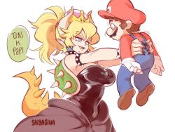 Rule 34 | 1boy, 1girl, armlet, bare shoulders, black dress, blonde hair, blue eyes, bowsette, bracelet, breasts, collar, crown, dress, fangs, gina chacon, horns, jewelry, lifting person, mario, mario (series), new super mario bros. u deluxe, nintendo, ponytail, sharp teeth, spiked bracelet, spiked collar, spiked shell, spiked tail, spikes, super crown, tail, teeth, text focus, turtle shell