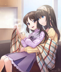 Rule 34 | 2girls, age difference, argyle clothes, argyle hairband, blush, brown hair, child, commission, couch, couple, cup, dress, feet out of frame, highres, holding, holding cup, hug, hug from behind, idolmaster, idolmaster cinderella girls, indoors, kio mpi, long sleeves, looking at another, multiple girls, on couch, onee-loli, plaid shawl, puffy long sleeves, puffy sleeves, purple dress, ribbed shirt, sagisawa fumika, shawl, shirt, signature, sitting, sitting on person, skeb commission, smile, steam, straight hair, tachibana arisu, twitter username, yuri
